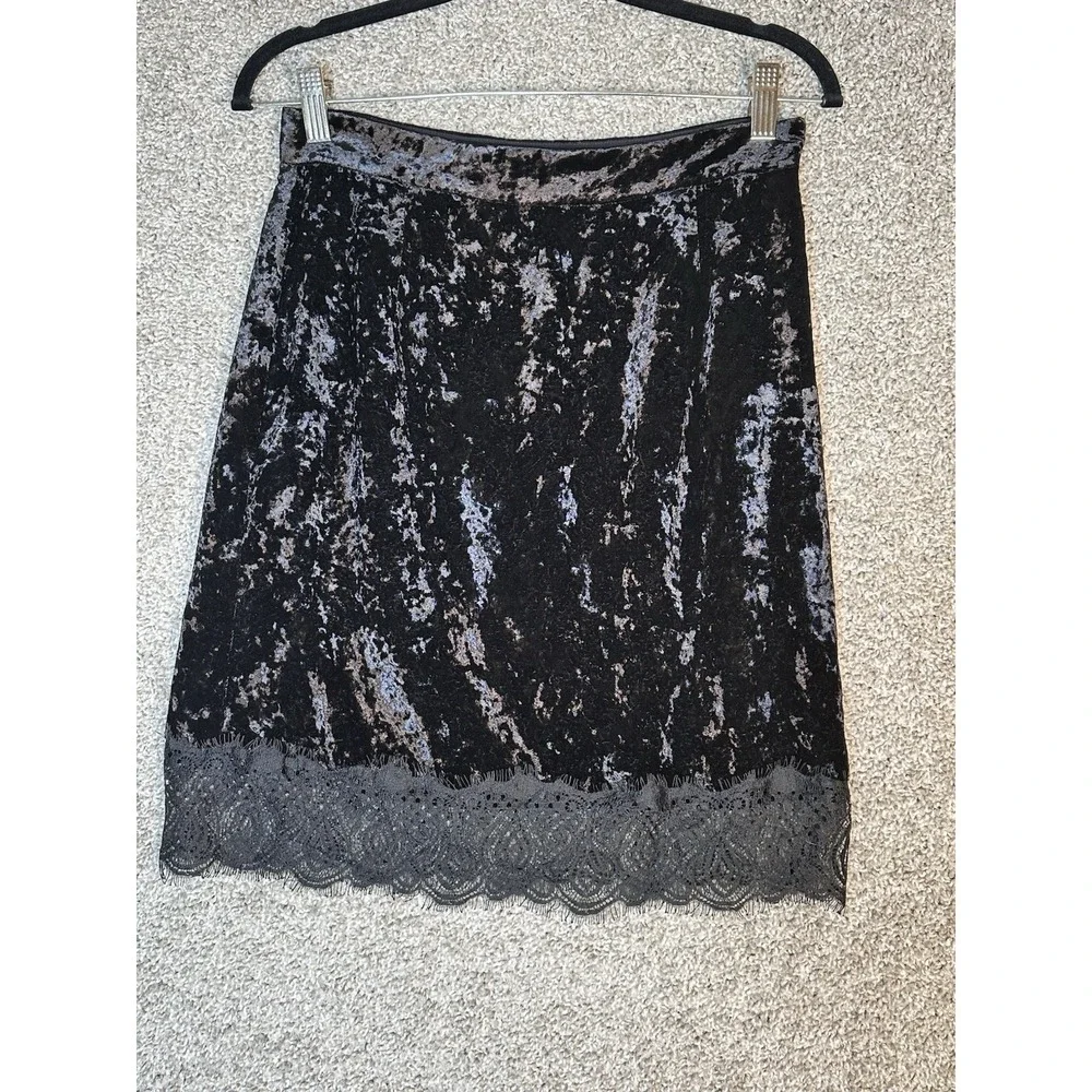 Comptoir des Cotonniers Black Crushed Velvet Lace Trim‎ Skirt Size XS In EUC - Picture 4 of 8